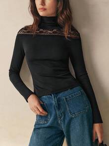 INAWLY 女款長袖高領對比蕾絲優雅上衣 - 黑色 - 查看 5