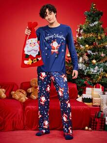 2 piezas Conjunto de pijama a juego con estampado gráfico divertido de Navidad para toda la familia, incluye top de manga larga y pantalones, ropa cómoda para el hogar para hombres, ropa de otoño e invierno