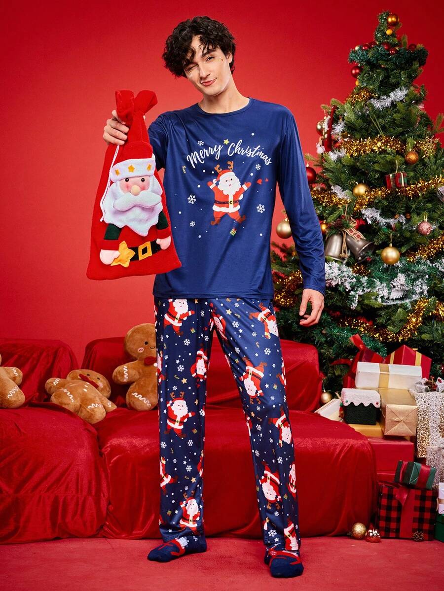 2 piezas Conjunto de pijama a juego con estampado gráfico divertido de Navidad para toda la familia, incluye top de manga larga y pantalones, ropa cómoda para el hogar para hombres, ropa de otoño e invierno