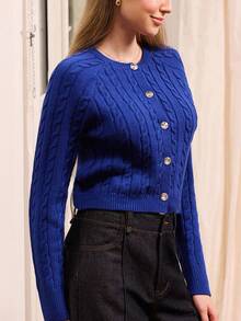 lacRébo Cable Knit Cardigan With Cristal Buttons Fall Women Clothes Autumn Outfits Fall Women Clothes Spring Summer Office Top Business Casual Top - Blue - View 4