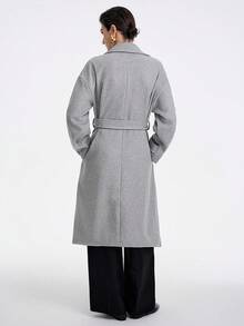 SHEIN LUNE 女士优雅简约高端正式办公室通勤商务休闲度假舒适家居羊毛混纺高领双排扣宽松直筒口袋装饰落肩长袖中长款羊毛大衣，浅灰色 - 灰色 - 查看 4