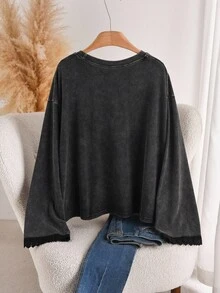 CosyJoli Áo thun nữ cỡ lớn, Áo dài tay nữ, Áo đen đường khâu tương tự, Trang phục thường ngày cho nữ, Áo thun nữ tay dài mùa thu - màu đen - Xem 2