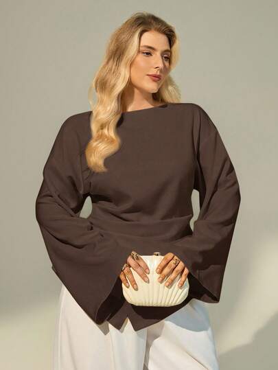 Auralis Plus-size dames effen kleur lange mouwen getailleerde tops