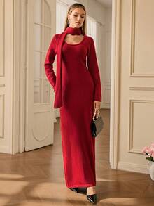 Aveloria Rosie Autumn/Winter Christmas & New Year Red Round Neck Fitted Bodycon Dress With Scarf, Elegant Women Sweater Dress