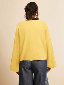 SHEIN VCAY 女式加大码纯色梭织喇叭长袖宽松常规衬衫 - 黃色 - 查看 2