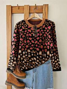 GlowEve Áo len dài tay cổ tròn họa tiết da báo thường ngày dành cho nữ, Thu/Đông - Nhiều màu - Xem 6