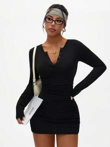 Dewbera Women's Black Autumn Basic Sexsy Party Ruched Bodycon Crew Neck Long Sleeve Athletic Sports Mini Dress,Casual Skin Soft Dresses For Women - Black - View 4