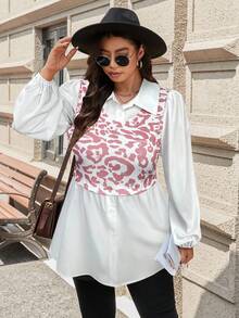 SHEIN LUNE 大码女式豹纹休闲长袖上衣，适合节日、感恩节、新年等场合，款式多样，包括束腰上衣、保守款上衣、曲线款上衣、大码女式衬衫、大码衬衫和罩衫。 - 淺粉色 - 查看 6