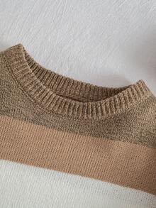 Sparklyn 青少年男孩条纹多色简约个性化套头衫，非常适合秋冬季节 - 卡其色 - 查看 3