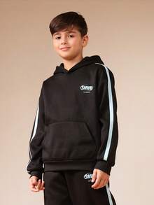 SUMWON Studios 23 Two Piece Co-Ord Hooded Sweatshirt Set With Wide Leg Pants Teen Boys Casual Wear Fall Winter Matching Outfit With Light Blue Stripes - Black - View 3