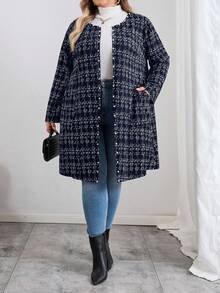 SHEIN CURVE+ Curve 大码/秋装/秋季女装/女冬装/冬装大码女式冬季夹克，仿粗花呢图案前开长袖外套，配珍珠纽扣和口袋，大码女装 8xl 大码外套，大码冬季外套，大码粗花呢外套，女士秋装，冬季，CURVE PLUS/秋季/冬季 - 藏蓝色 - 查看 5