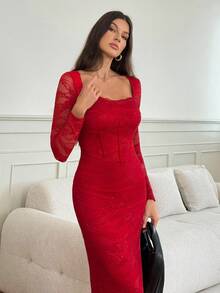 SHEIN Tall 性感蕾絲長袖修身緊身高衩洋裝，適合派對、約會、晚宴，春夏季，高個女性 - 紅色 - 查看 7