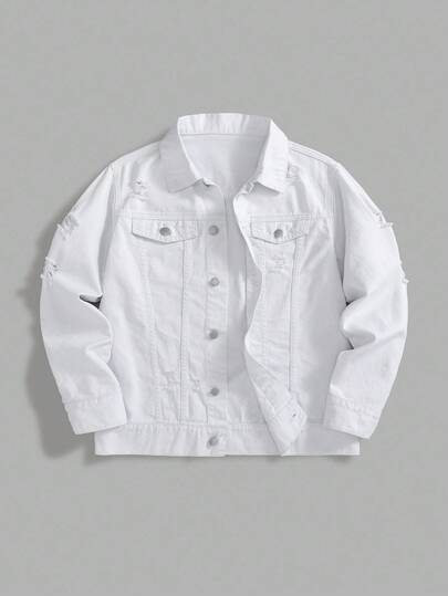 SHEIN 青少年男孩时尚休闲 Y2K 复古酷炫街头风回归校园学院风镂空破洞磨边白色牛仔破洞翻领长袖夹克柔软日常穿着秋冬秋季锐舞节和街头服饰校园风