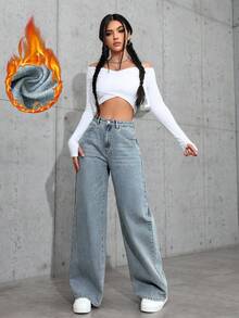 SHEIN ICON Jeans rectos de cintura alta lavados de manera casual - Azul - Ver 3