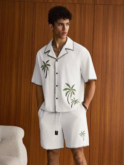 SWAVVY 2 件男士休闲宽松短袖衬衫和松紧腰直筒短裤套装