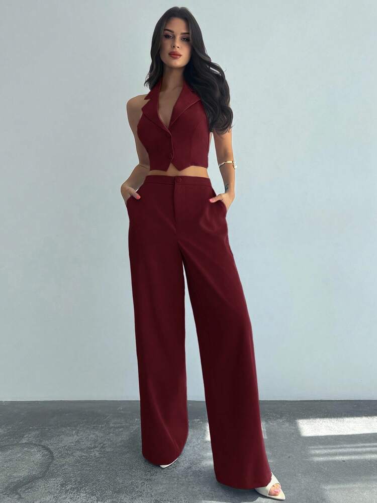 Conjunto elegante y romántico de dos piezas con estilo de halter y espalda descubierta en color vino tinto, adecuado para fiestas, vacaciones en la playa, regreso a la escuela, citas románticas, temporada de bodas, cumpleaños, Pascua - Burdeos - Añade 3
