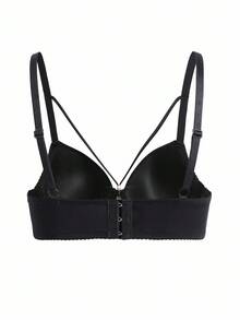 SHEIN 1 件浪漫性感蕾丝拼接提升支撑钢圈女士文胸 - 黑色 - 查看 7