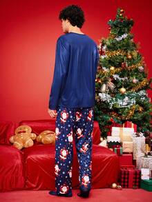 2 piezas Conjunto de pijama a juego con estampado gráfico divertido de Navidad para toda la familia, incluye top de manga larga y pantalones, ropa cómoda para el hogar para hombres, ropa de otoño e invierno