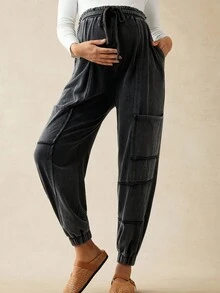 Boho Mama Maternity Solid Color High Waist Drawstring Casual Jogger Pants Comfy Joggers For Women Parachute Baggy Loose Black - Dark Grey - View 6