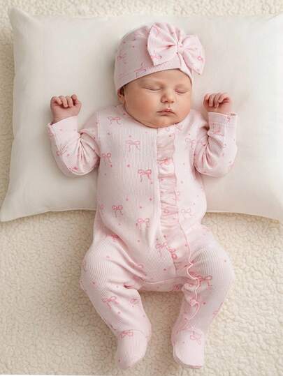SHEIN Newborn Infant Bow Print Cute Baby Jumpsuit + Hat, Autumn/Winter