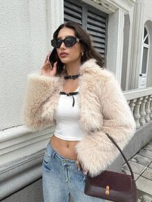 Firerie 女士时尚现代通勤休闲性感派对领短款杏色仿皮草大衣，秋冬 - 杏色 - 查看 7