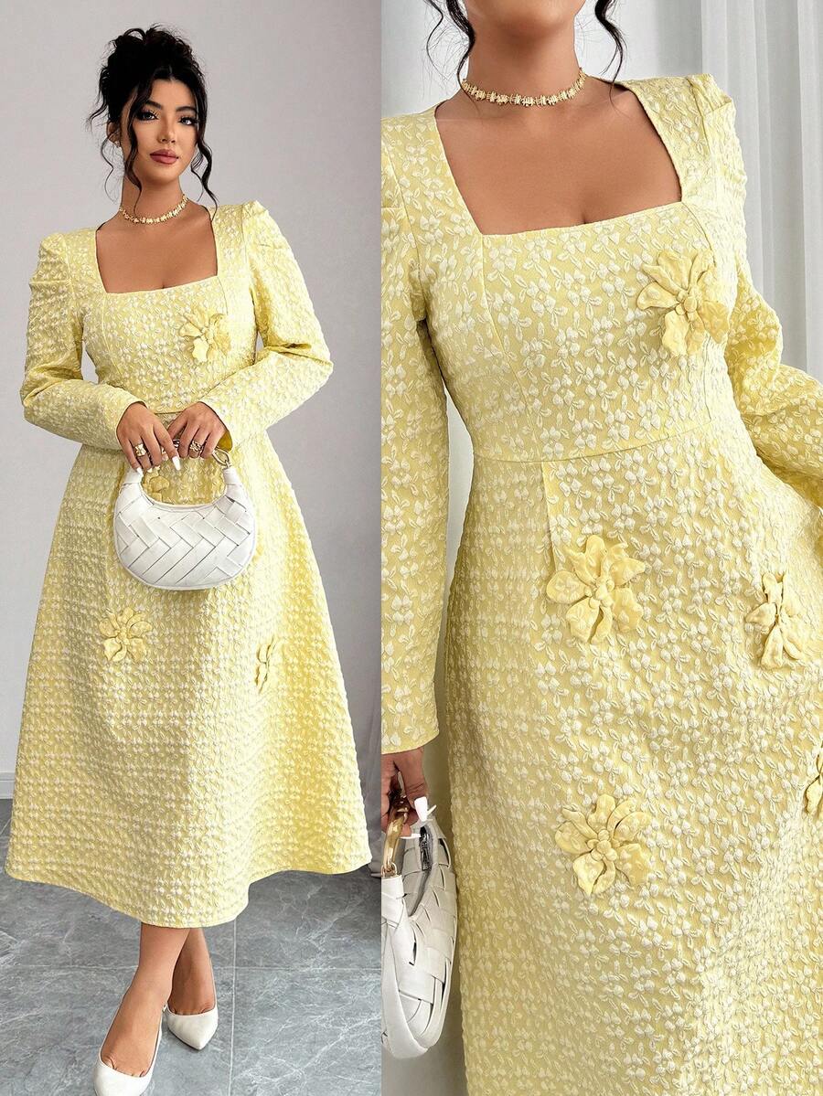Elenzga 大码女式U领羊腿袖纹理面料A字优雅连衣裙 - 黃色 - 查看 1