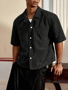 SWAVVY Men's Casual Loose Fit Short Sleeve Woven Shirt, Everyday Wear - Black - View 2