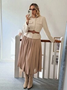 Livesso Women's Pleated Skirt Elegant 2 Pieces Set - Khaki - View 2
