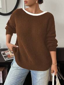 Elenzga Sweater Lengan Panjang Kerah Bulat Kasual Wanita Ukuran Besar dengan Pita, Musim Gugur/Musim Dingin - Coffee Brown - View 5