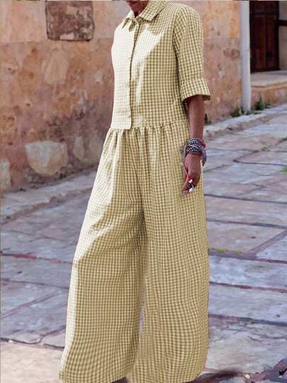 Mono casual de manga larga con cuello a cuadros para mujer