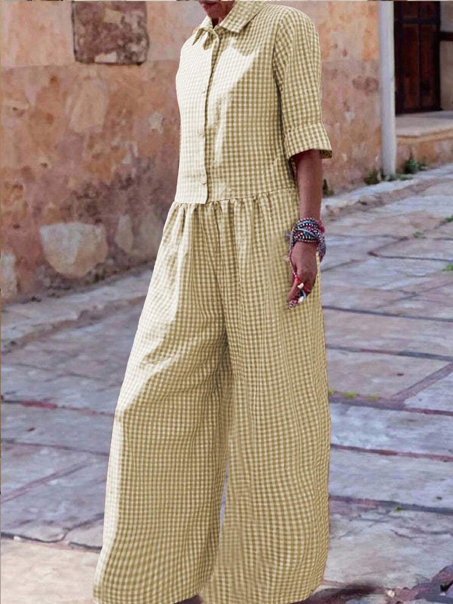 Bộ đồ liền thân dài tay cổ kẻ caro mới cho nữ - Màu vàng - Xem 1