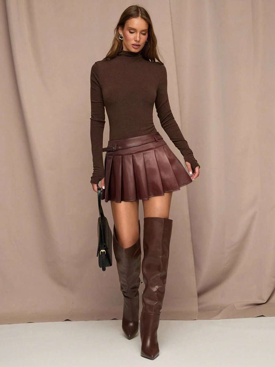 SHEIN BAE 女式复古休闲迷你百褶裙，秋季 - 棕色 - 查看 1