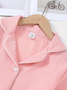 女童粉色配黑色饰边休闲荷叶边领两件套家居服 - 藕粉色 - 查看 6