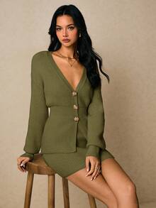 Poéselle Bộ 2 món áo khoác cardigan trơn màu thanh lịch đi làm cho nữ và chân váy dệt kim - xanh quân đội - Xem 5