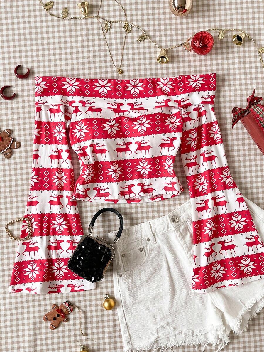 Women's Off-Shoulder Tight Fit Long Sleeve Flare Cuff T-Shirt, Christmas - Red and White - View 1