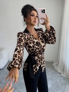 Rafferiza Chemise à manches longues élégante pour femmes avec imprimé léopard et ourlet asymétrique, automne