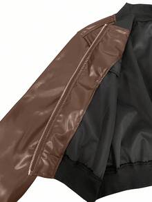 Zolique SXY 女式短款水洗 PU 皮革长袖拉链时尚高端街头棒球夹克，秋冬女装，飞行员女式夹克 - 棕色 - 查看 6