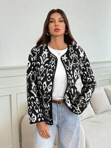 SHEIN Tall 女士冬季时尚全印花通勤夹克 - 黑色 - 查看 8