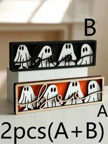 1Pc Halloween Ghost Boo Wooden Table Sign – Cute Black And White Ghost Figurine, Rustic Halloween Desktop Decor, Spooky Tiered Tray Decoration For Home, Office, Party - Multicolor - View 10