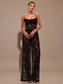 SHEIN BAE Bộ đồ liền thân ren trong suốt hở lưng màu đen tinh khiết, đồ lót nữ thanh lịch, trang phục hẹn hò hàng ngày, trang phục đi chơi, trang phục dự tiệc, bộ đồ liền thân ống rộng bất đối xứng, bộ đồ liền thân ngày lễ tình nhân, bộ đồ liền thân thường ngày, bộ đồ liền thân thanh lịch, bộ đồ liền thân hở lưng - màu đen - Xem 7