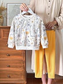 SHEIN Vintaside Kids Girls Yellow Ombre Floral Long Sleeve Sweatshirt And Ribbed Leggings Set, Fashionable & Cute Outfit For Spring/Autumn - Yellow - View 3