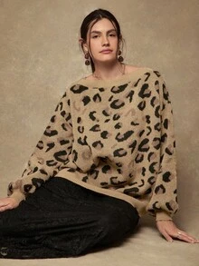 Freevana 大码毛衣 秋季 冬季毛衣 圣诞派对 优雅别致 秋季棕色毛衣 休闲办公室 仙气露肩毛衣 外出 复古风 女教师 西部波西米亚乡村 豹纹基础款 - 彩色 - 查看 3