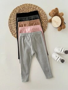 女婴休闲百搭纯色松紧腰针织裤 - 粉色 - 查看 2