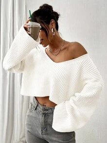 SHEIN Unity Women's Dropped Shoulder Long Sleeve V-Neck Casual Sweater With Textured Fabric, Autumn/Winter