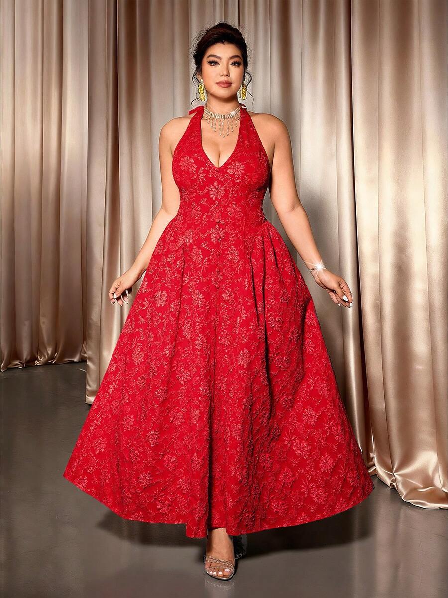 Cravure 大码女式优雅复古红色纹理提花花卉吊带修身喇叭形 A 字长裙，适合秋冬季、返校、毕业典礼、节假日、情人节、圣诞节、音乐节、母亲节、万圣节、感恩节、复活节、国庆节、舞会、约会、派对、婚礼、郊游 - 紅色 - 查看 1