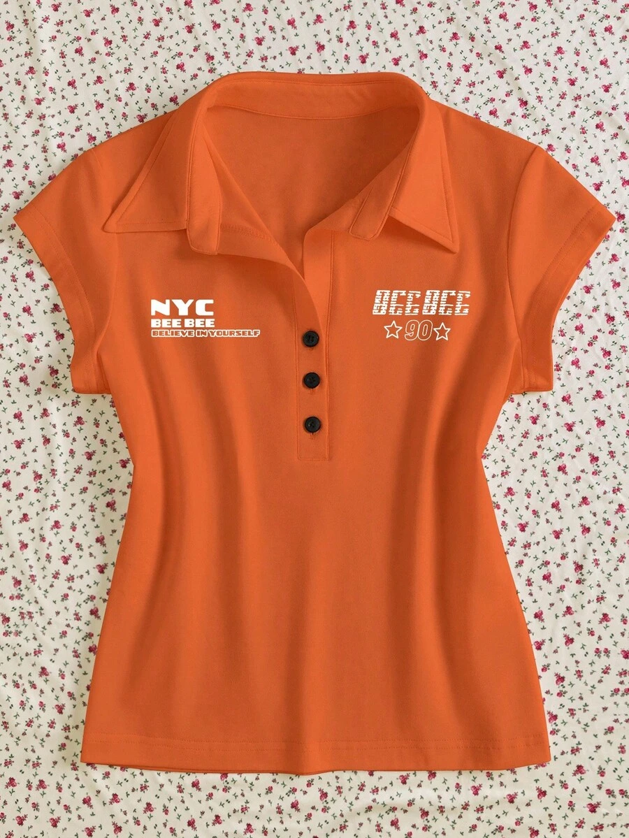 INAWLY Camiseta naranja casual de mujer de manga corta con media cremallera y estampado de letras - Naranja - Ver 1