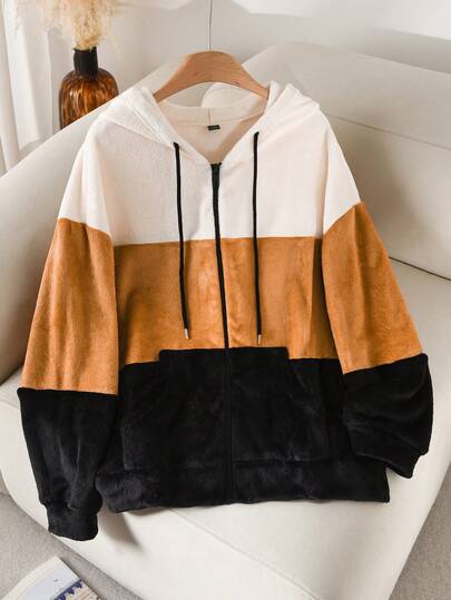 CosyJoli 大码休闲拼色拼接连帽拉链羊毛夹克女秋冬装