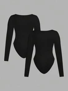 SHEIN Essnce Bộ đồ liền thân bó sát cổ vuông dài tay thời trang công sở thường ngày dành cho nữ cỡ lớn, mặc đi làm thường ngày, mặc đi làm chuyên nghiệp, mặc trong 2 mảnh, màu đen, đỏ tía, đỏ mỏ neo - màu đen - Xem 2