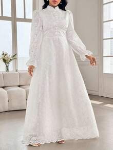 Modelyn Plus Size Women French Style Mandarin Collar Embroidered Puff Sleeve Dress Fall - White - View 6