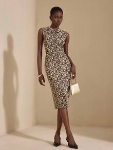 JIAN LASALA Abito midi aderente da donna con scollo rotondo, tagli e stampa leopardata, elegante per l'autunno, abito leopardato elegante da donna per feste, cocktail e occasioni di lusso